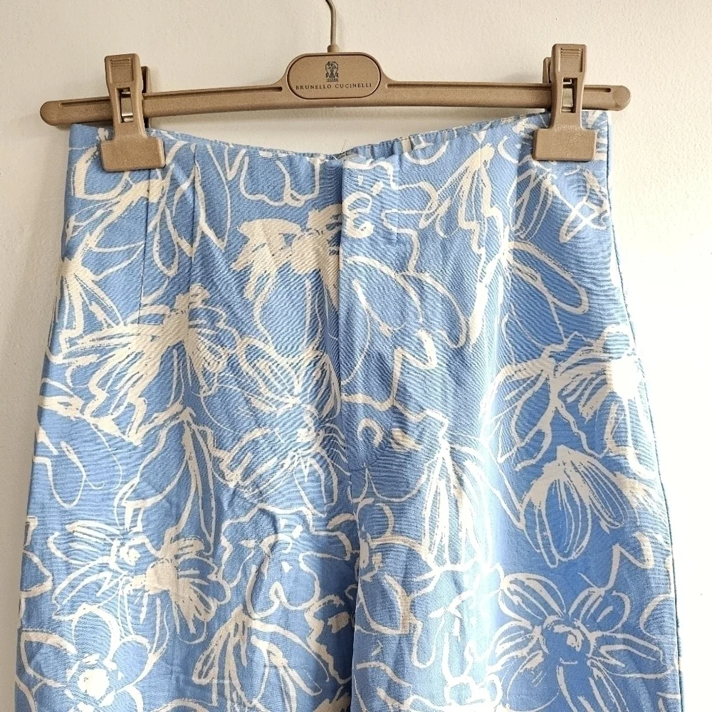 New Zara Full Length Floral Linen Blend High Waisted Blue/White Pants NWT Small